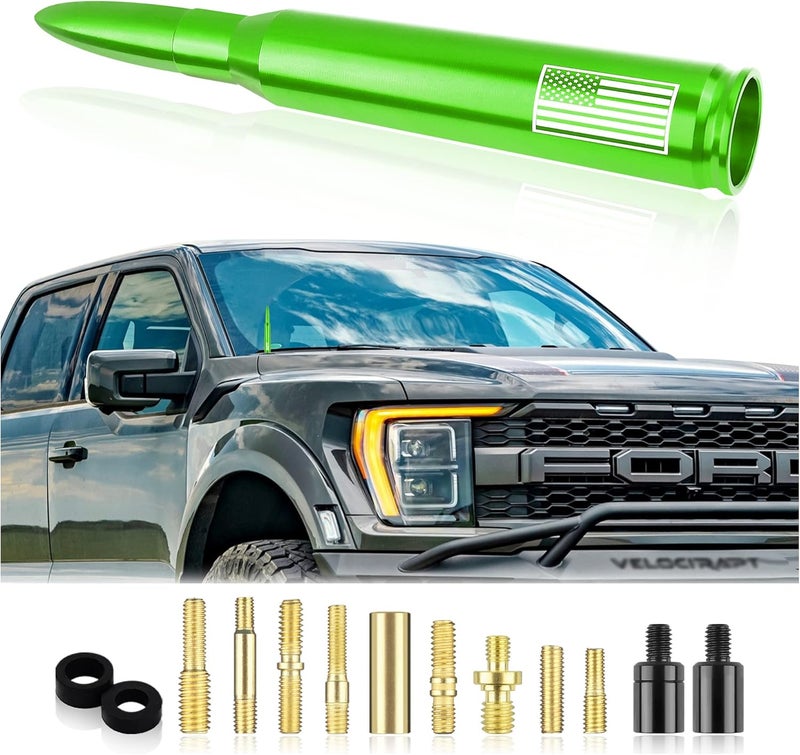 Junecarp New Upgrade American Flag Car Bullet Antenna,Truck Exterior Accessories Antenna Toppers Compatible with GMC,Chevy Silverado,Dodge,Ford,Jeep Antenna Replacement (Green) - Image 1